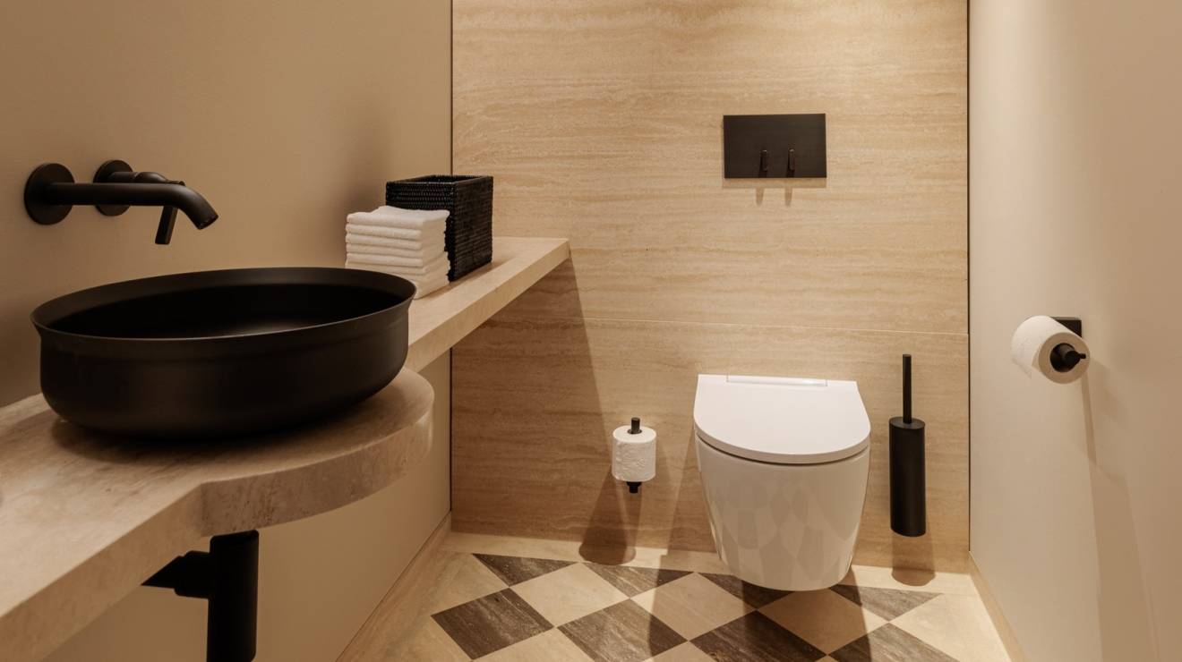 ####Im WC-Bereich des Concept Stores wurde wiederum die Diagonalverlegung von den WCs im Untergeschoss übernommen. Anders dazu wurde hier jedoch auf die beige- und braunfarbenen Travertine Romano Classico und Titanium gesetzt. In handwerklicher Präzision verlegt, ergibt sich somit ein Muster, das Wärme, Natürlichkeit und Wohlbefinden ausstrahlt. Die, in beigem Travertin gehaltene Rückwand, als auch der Waschtisch runden das Gesamtkonzept perfekt ab. Durch die metallische Badezimmerausstattung entsteht ein Kontrast, der sich perfekt in die Farbgebung des Raumes integriert.