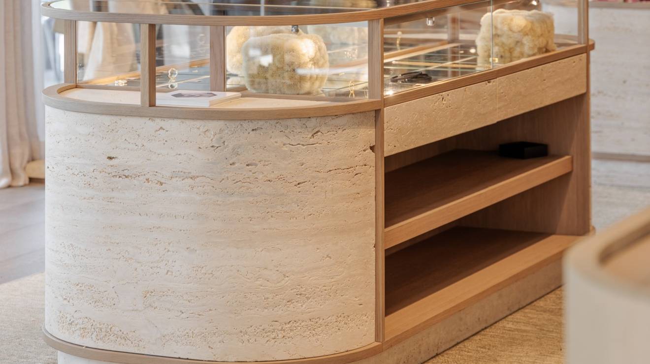####Stilvoll pr&auml;sentieren die Naturstein-Ausf&uuml;hrungen hochwertige Mode, innovative Sportbekleidung und handgefertigte Einzelst&uuml;cke. Nicht nur Letztere sind handgefertigt: Die Verkaufsvitrinen und Kleiderst&auml;nderb&ouml;den aus Travertin Romano Classico sind das Resultat von pr&auml;ziser Handarbeit. Die Vitrinen, bestehend aus 14 Naturstein-Einzelteilen, &uuml;berzeugen mit offenporigen Oberfl&auml;chen, die ihnen eine nat&uuml;rliche und zugleich elegante Ausstrahlung verleihen. Die ausziehbaren Auslagen setzen die Artikel perfekt in Szene und vereinen Material, Form und Funktion.